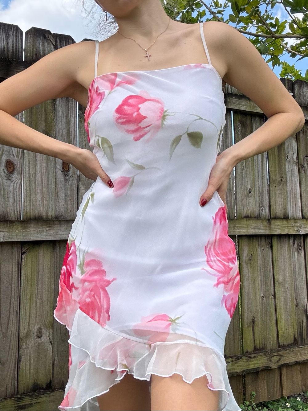 Vintage White Floral Slip Dress with Pink Roses